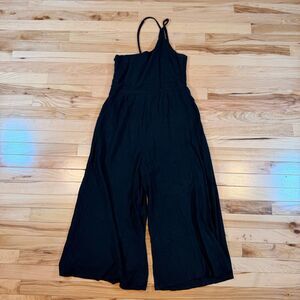 ANRABESS One Shoulder High Waist Wide Leg Romper Pockets Black Linen Blend Large